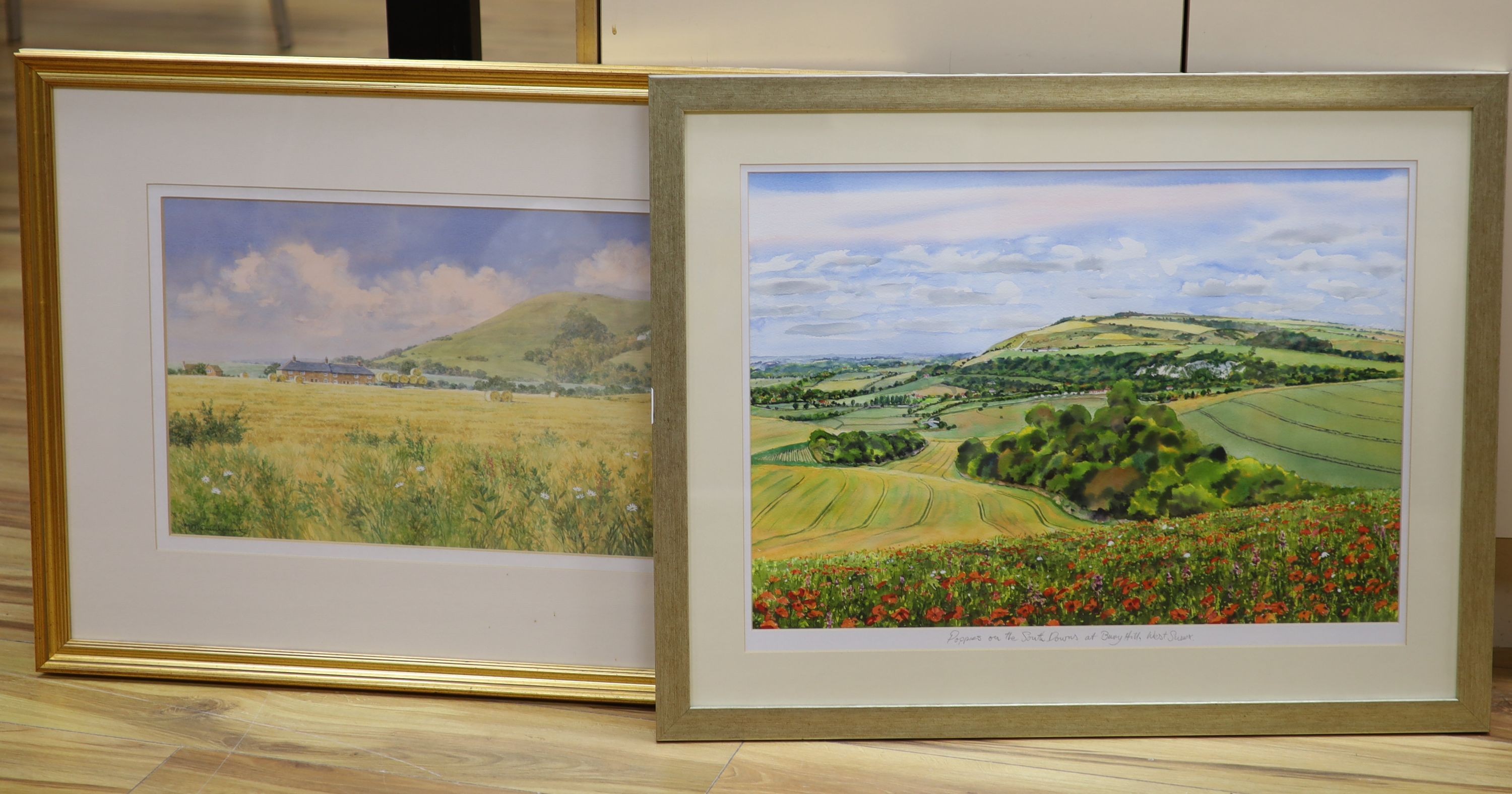 Neville Smith, watercolour, Poppies on the South Downs at Bury Hill, West Sussex, signed, 39 x 56cm and Michael Cruickshank, watercolour, 'Collecting bales below Mount Caburn, 30 x 53cm